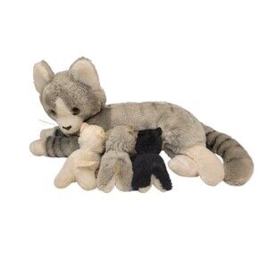 Vintage 1981 Dakin Grey Cat Mother Nursing 3 Plush Baby Kittens Stuffed Animals